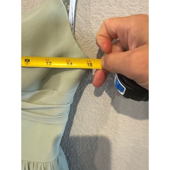 Azazie Womens Chiffon Spaghetti Strap Ruched Bodice A-Line Gown Sz A0 Sage Green - Picture 7 of 8